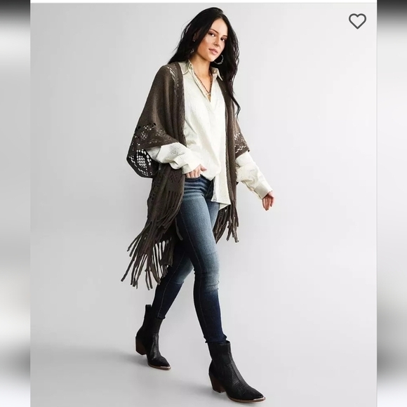 BUCKLE BLACK FRINGE CARDIGAN SWEATER OPEN FRONT MAJOR BROWN WOMEN OS BOHO LAYER - Picture 13 of 13